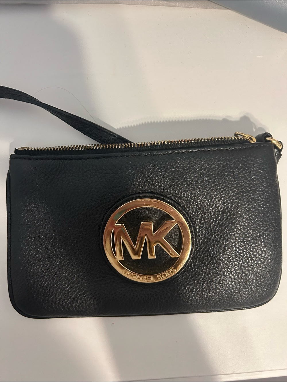 Michael Kors Black Leather Wristlet with Gold MK Emblem